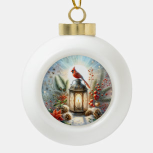 Christmas Cardinal Lantern Ceramic Ball Christmas Ornament