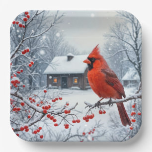 Christmas Cardinal On Berry Branch Paper Plate