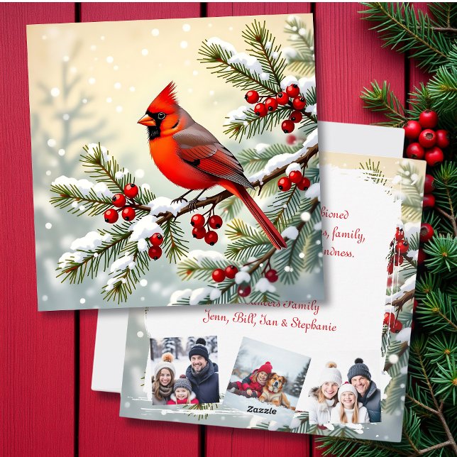 Christmas Cardinal on Pine Personalised  Photo Holiday Card (Creator Uploaded)