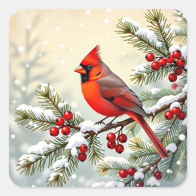 Christmas Cardinal on snowy pine branch  Square Sticker (Front)