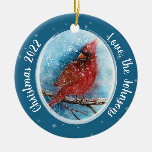 Christmas Cardinal Snowflakes on Red or Blue Ceramic Ornament (Front)