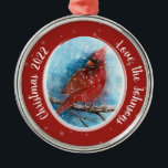 Christmas Cardinal Snowflakes on Red or Blue Metal Ornament<br><div class="desc">Christmas Cardinal Snowflakes on Red or Blue Ceramic Ornament - A snowy background with dark blue create a lovely space for the Cardinal to rest. The other side of the ornament has a bright red background. A shimmery silver snowflake background is also on both sides. Winter is a beautiful time...</div>