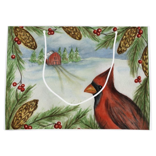 Christmas Cardinal Winter Bird Holiday Gift Bag (Front)