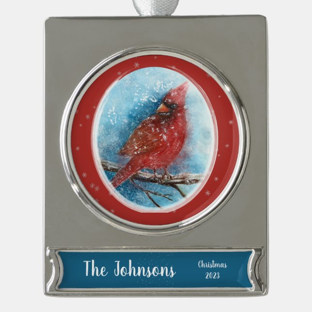 Christmas Cardinal with Name & Date Silver Plated Banner Ornament (Front)