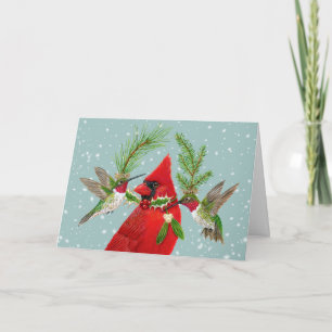 Christmas cardinals and hummingbirds card