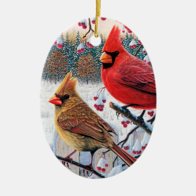 Christmas Cardinals Ceramic Ornament (Front)