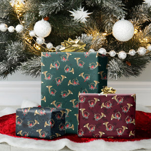 Christmas Cardinals in Gold Horns with Pine Sprigs Wrapping Paper Sheet