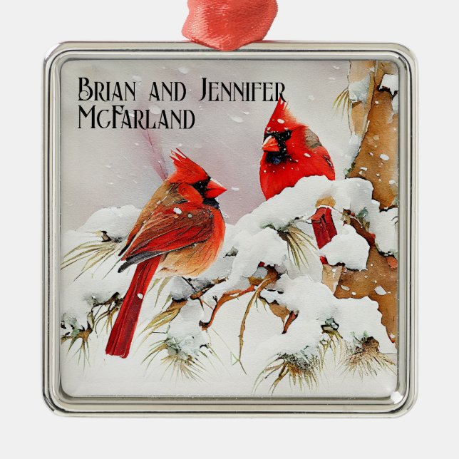 Christmas Cardinals in Winter Snow and Evergreen Metal Ornament (Front)