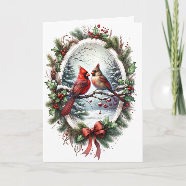 Christmas Cardinals Red Bow Holly Snowy Forest 1 Holiday Card (Front)