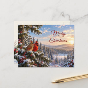 Christmas Cardinals Snowy Mountain Woodland Winter Holiday Postcard