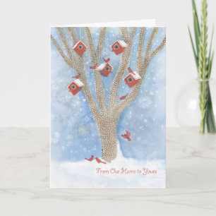 Christmas Cardinals with Birdhouses in Tree Holiday Card