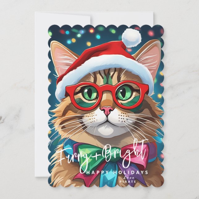 Christmas Cards, Furry and Bright Colourful Cat Holiday Card (Front)