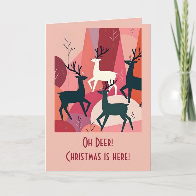 Christmas Caribou Pink KItsch MId-Century Retro Card (Front)