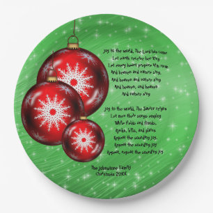 Christmas Carol Lyrics Joy To The World  - 9" Paper Plate