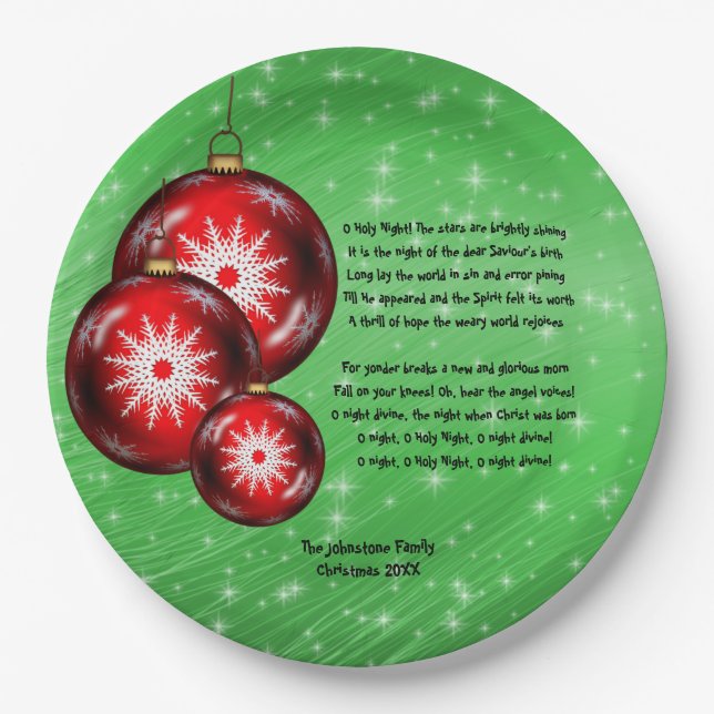 Christmas Carol Lyrics - O Holy Night - Large 9" Paper Plate (Front)