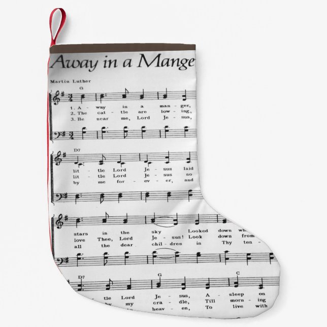 Christmas Carol Sheet Music Away in a Manger Small Christmas Stocking (Front)