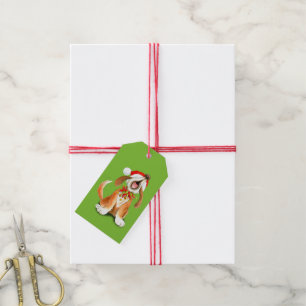 Christmas carol singing dog green gift tag
