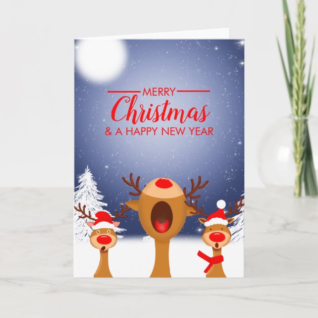 Christmas carol singing reindeer Christmas Card (Front)