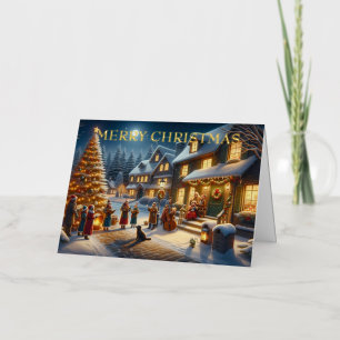 Christmas Carolers in Snowy Village with Dog Foil Holiday Card
