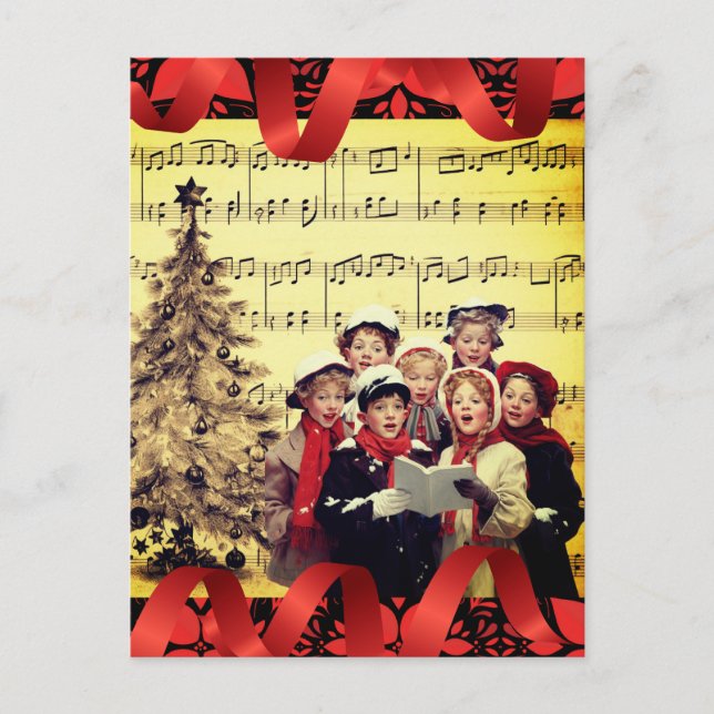 Christmas Carolers Red Ribbon Musical Postcard (Front)