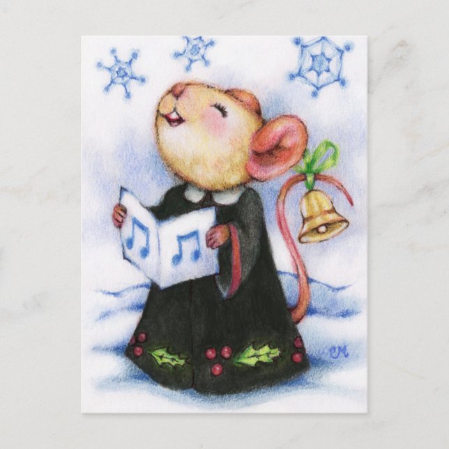 Christmas Caroling Mouse Cute Holiday Postcard (Front)