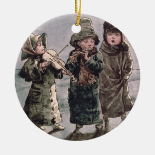 Christmas Caroling (w/c on paper) Ceramic Ornament