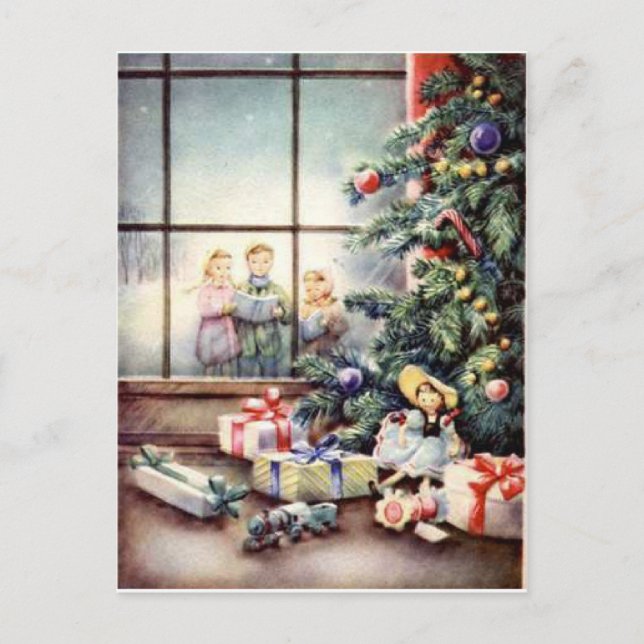 Christmas Carollers in Window Holiday Postcard (Front)