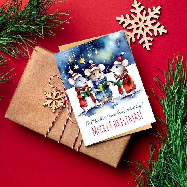 Christmas carols mice singing watercolor cute postcard (Mice singing Christmas carols starry night watercolor Merry Christmas greetings postcard)