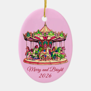 Christmas Carousel in Candy Stripes Ceramic Ornament
