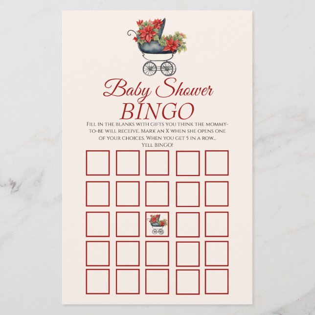 Christmas Carriage Baby Shower BINGO Game (Back)
