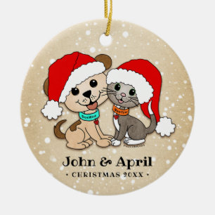 Christmas Cartoon Cat Dog Ceramic Ornament
