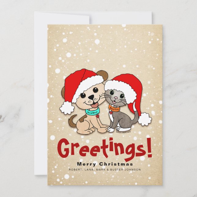 Christmas Cartoon Cat Dog Holiday Card (Front)