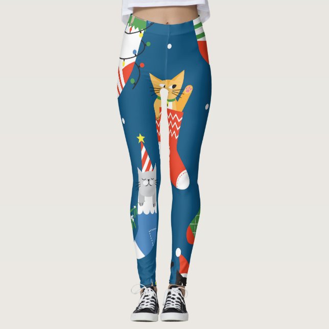 Christmas Cartoon Cats Cute Pattern Leggings (Front)