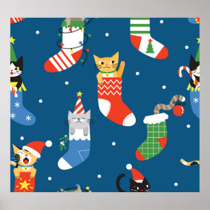 Christmas Cartoon Cats Cute Pattern Poster