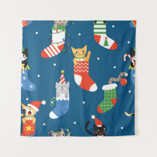 Christmas Cartoon Cats Cute Pattern Tapestry