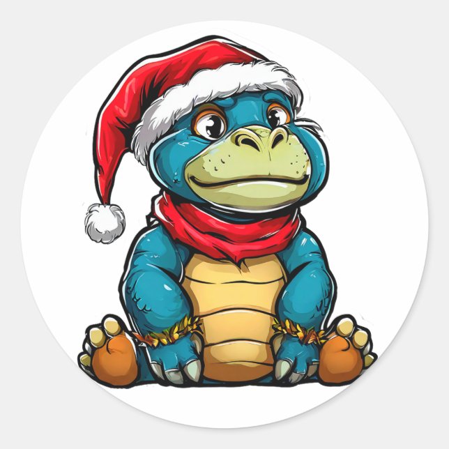 Christmas cartoon dinosaur Cute Festive Dino Classic Round Sticker (Front)