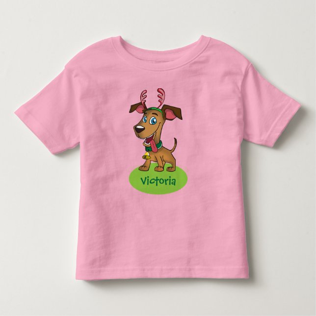 Christmas Cartoon Doggie with Child's Name Toddler T-Shirt (Front)