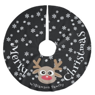 Christmas Cartoon Reindeer Black White Snowflakes Brushed Polyester Tree Skirt
