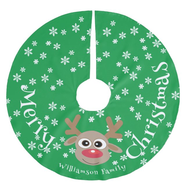 Christmas Cartoon Reindeer Green White Snowflakes  Brushed Polyester Tree Skirt (Front)