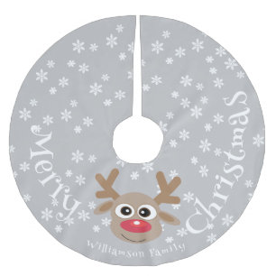 Christmas Cartoon Reindeer Silver White Snowflake Brushed Polyester Tree Skirt