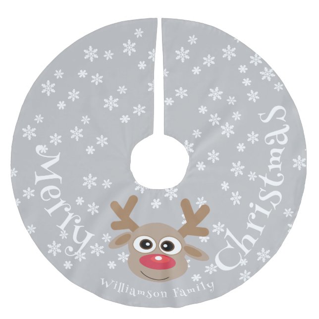 Christmas Cartoon Reindeer Silver White Snowflake Brushed Polyester Tree Skirt (Front)