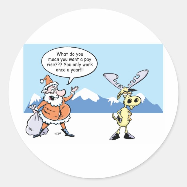 Christmas Cartoon Santa and the striking Reindeer Classic Round Sticker (Front)