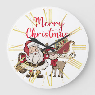 Christmas Cartoon Santa & Rudolph the Reindeer Large Clock