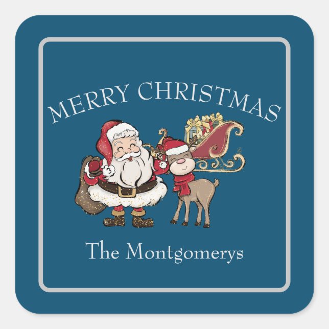 Christmas Cartoon Santa & Rudolph the Reindeer Square Sticker (Front)