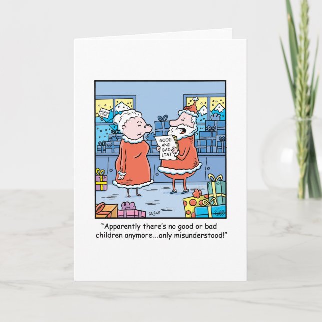 Christmas Cartoon Santas Good and Bad List Holiday Card (Front)