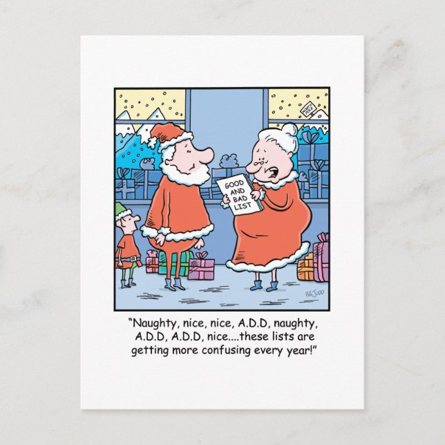 Christmas Cartoon Santa's Good and Bad list. Holiday Postcard (Front)
