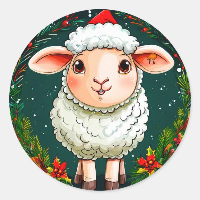 Christmas cartoon sheep classic round sticker (Front)