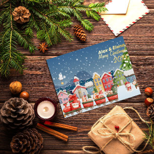 Christmas cartoon train city winter foil holiday postcard