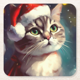Christmas Cat 2 Square Paper Coaster