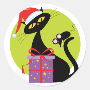 Christmas Cat and Mouse Classic Round Sticker
